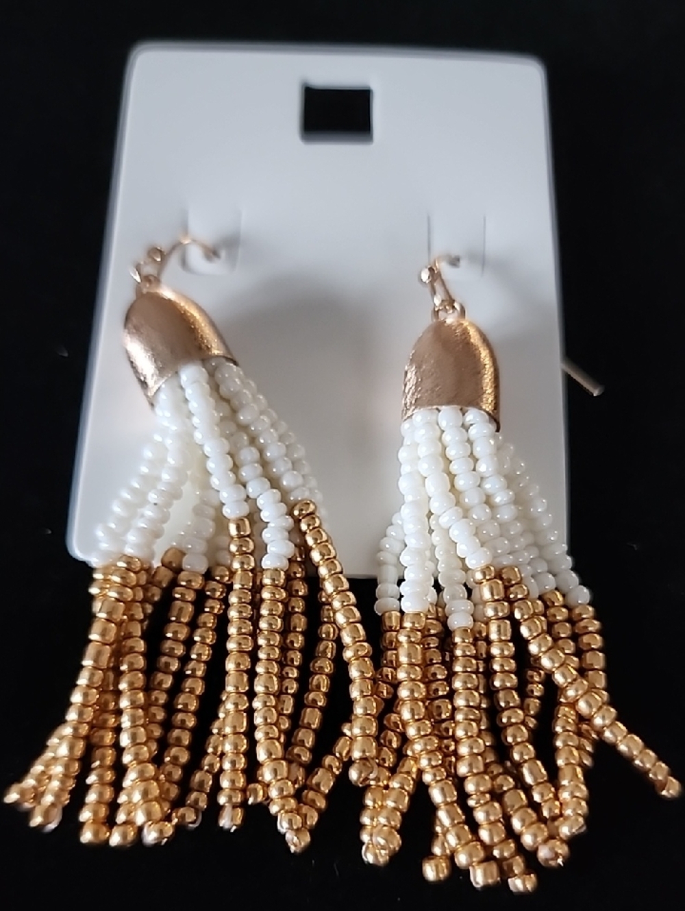 Gold and White Beaded Tassel Earrings - Women Jewelry